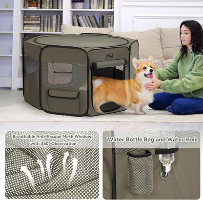PETSFIT Dog Playpen, 45.5" Dia Sturdy Foldable Pet Playpen for Dogs Indoor/Outdoor, Portable Pet Playpen with Carring Case, Removable Mesh Zipper Top and Waterproof Playpen Mat Grey-Black L