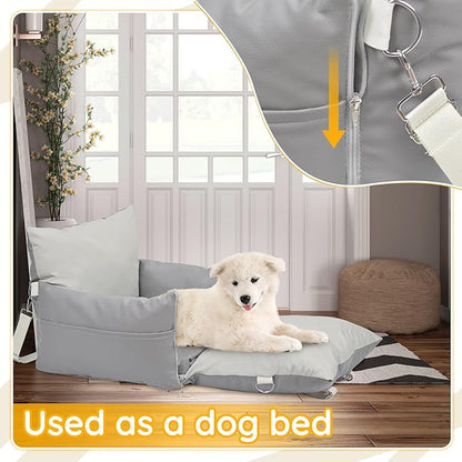 Dog Car Seat for Small Dogs, Upgraded Leather Dog Travel Carrier Bed, Dog Booster with Storage Pocket and Clip-On Safety Leash Fully Detachable and Scratch-Resistant Both Indoor and Outdoor Use
