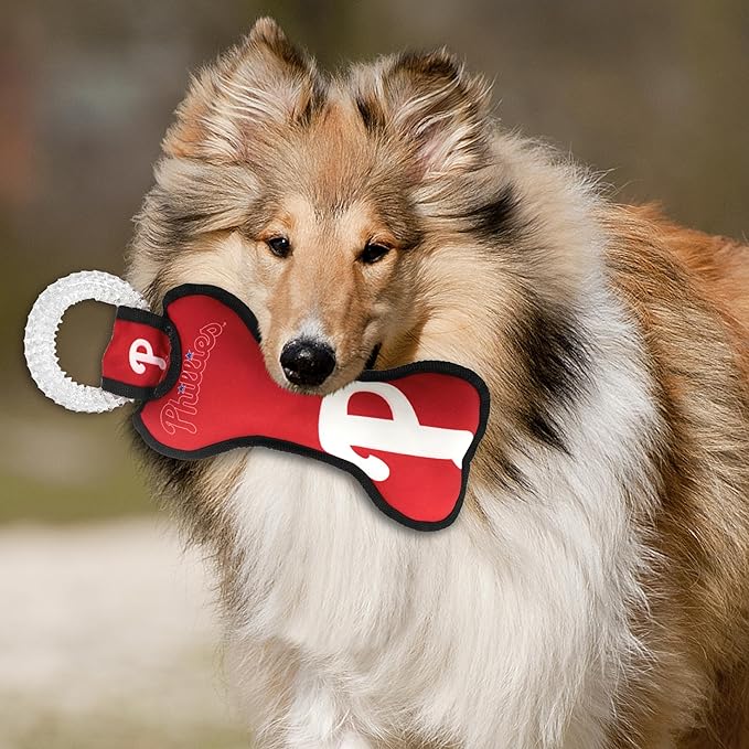 MLB Philadelphia Phillies Bone Shaped DENTAL DOG TUG TOY with SQUEAKER. TOUGH PET TOY for Healthy Fun, Teething, and Cleaning pet's teeth and gum.