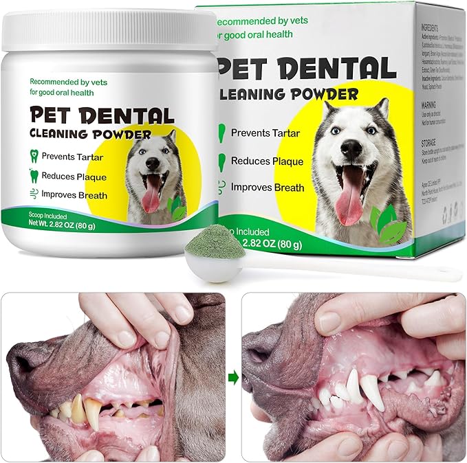 Dog Teeth Cleaning Powder，Dog Dental Powder，Dog Breath Freshener Powder with Probiotics for Bad Breath, Plaque, Tartar Remover - Dental Supplies - 80g