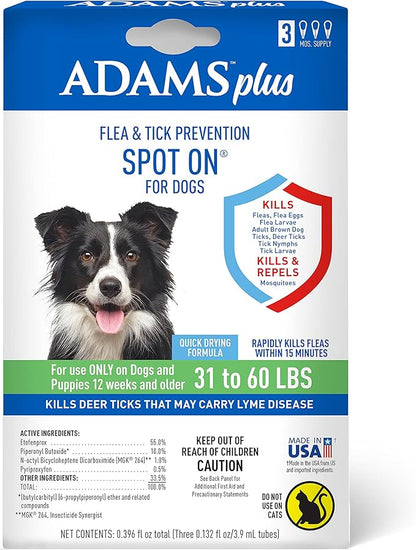 Adams Plus Flea & Tick Prevention Spot On for Dogs 31-60 Pounds | 12 Weeks & Older, 3-Month Supply, Kills Fleas, Flea Eggs, Flea Larvae & Brown Dog & Deer Ticks, Kills & Repels Mosquitoes for 30 Days