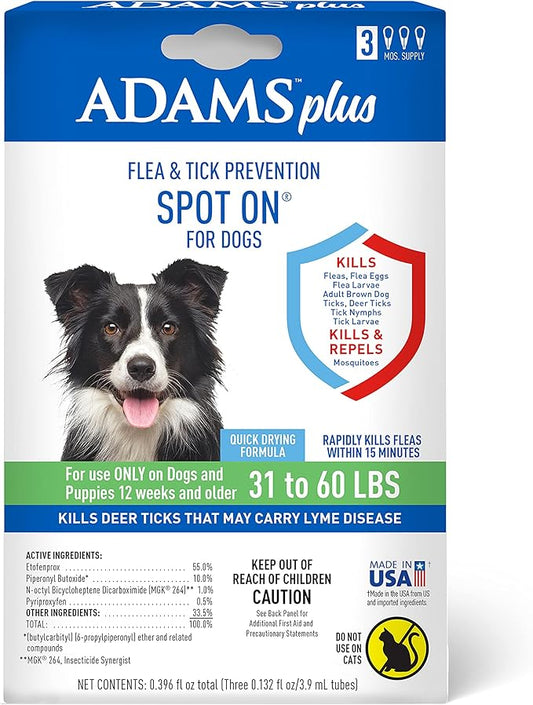 Adams Plus Flea & Tick Prevention Spot On for Dogs 31-60 Pounds | 12 Weeks & Older, 3-Month Supply, Kills Fleas, Flea Eggs, Flea Larvae & Brown Dog & Deer Ticks, Kills & Repels Mosquitoes for 30 Days