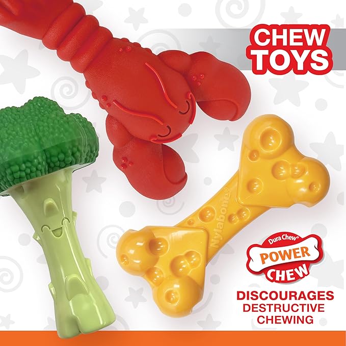 Nylabone Power Chew Dog Chew Toy Pack Bundle - Fun & Cute Dog Toys for Aggressive Chewers, Tough Dog Toys, Lobster, Cheese, and Broccoli Shapes, Large/Giant (3 Count)