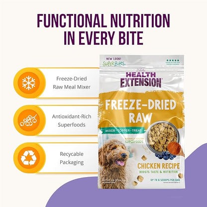 Health Extension Super Bites, Freeze-dried Raw, Gluten & Grain-free, with Extra Protein & Super Tasty Healthy Meal Mixer for Dogs, Chicken Recipe (18 Oz / 226 g)