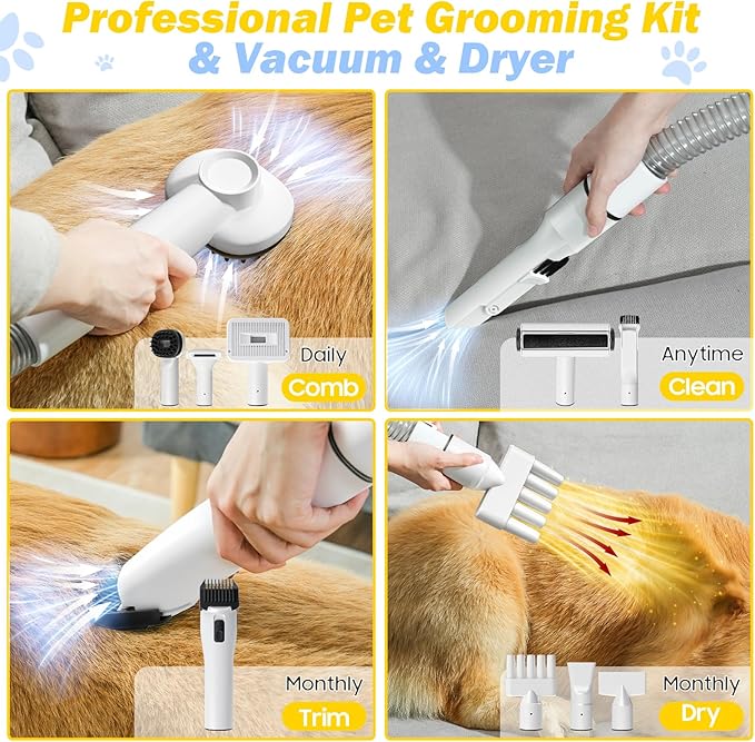 Dog Grooming Vacuum & Pet Hair Dryer & Dog Electric Clippers Suction 99% Pet Hair, Large Capacity Dog Vacuum with 9 Grooming Tools, Quiet, Adjustable Airflow and Temperature, UL