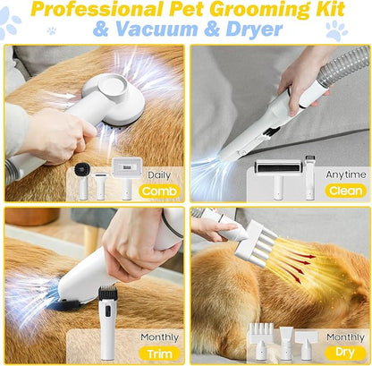 Dog Grooming Vacuum & Pet Hair Dryer & Dog Electric Clippers Suction 99% Pet Hair, Large Capacity Dog Vacuum with 9 Grooming Tools, Quiet, Adjustable Airflow and Temperature, UL