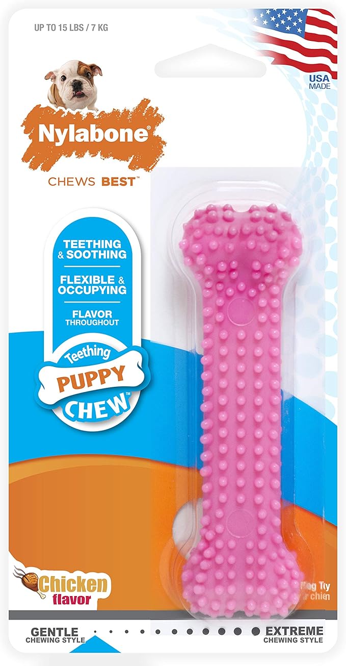 Nylabone Puppy Teething and Soothing Chew Toy - Puppy Chew Toys for Teething - Puppy Supplies - Chicken Flavor, Pink, X-Small/Petite (1 Count)
