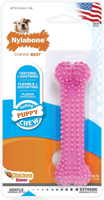 Nylabone Puppy Teething and Soothing Chew Toy - Puppy Chew Toys for Teething - Puppy Supplies - Chicken Flavor, Pink, X-Small/Petite (1 Count)