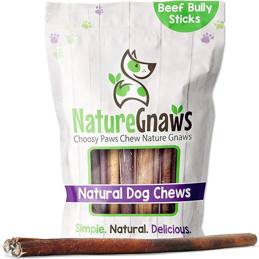 Gnaws Nature Bully Sticks for Dogs - Premium Natural Beef Dental Bones - Long Lasting Dog Chew Treats for Aggressive Chewers - Rawhide Free - Mixed Thickness 11-12