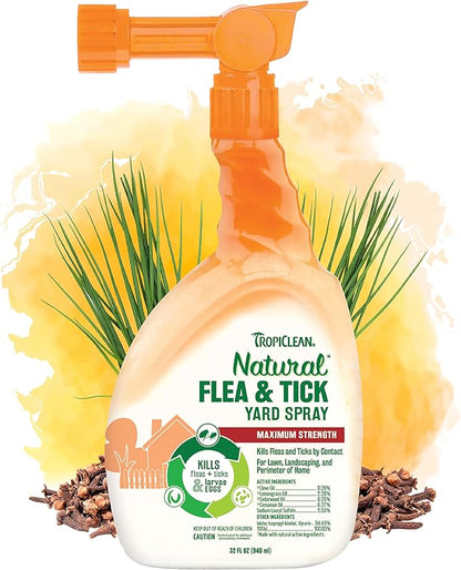 TropiClean Natural Flea and Tick Yard Spray | Maximum Strength Tick Spray for Yard Kills on Contact | Family-Friendly & Safe | Made in the USA | 32oz