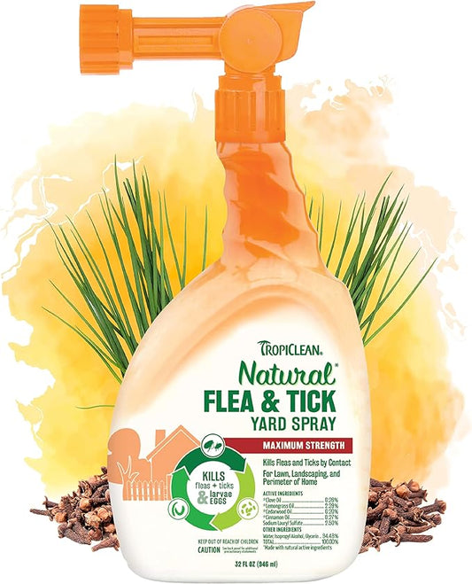 TropiClean Natural Flea and Tick Yard Spray | Maximum Strength Tick Spray for Yard Kills on Contact | Family-Friendly & Safe | Made in the USA | 32oz