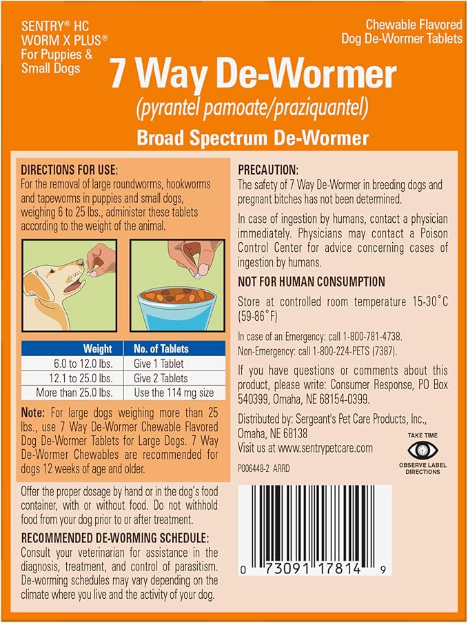 SENTRY PET CARE SENTRY HC WORM X PLUS 7 Way De-Wormer (pyrantel pamoate/praziquantel), for Puppies and Small Dogs, 6-25 lbs, Chewable, 6 Count