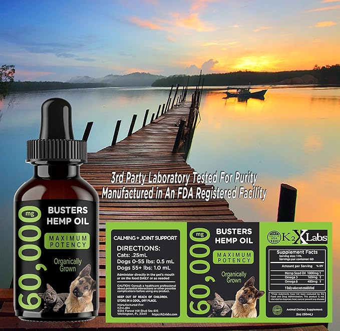 Buster's Organic Hemp Oil Large 60 Milliliters 2-Pack for Dogs & Cats - Max Potency - Made in USA - Omega Rich 3, 6 & 9 - Hip & Joint Health, Natural Relief, Calming (60,000MG)