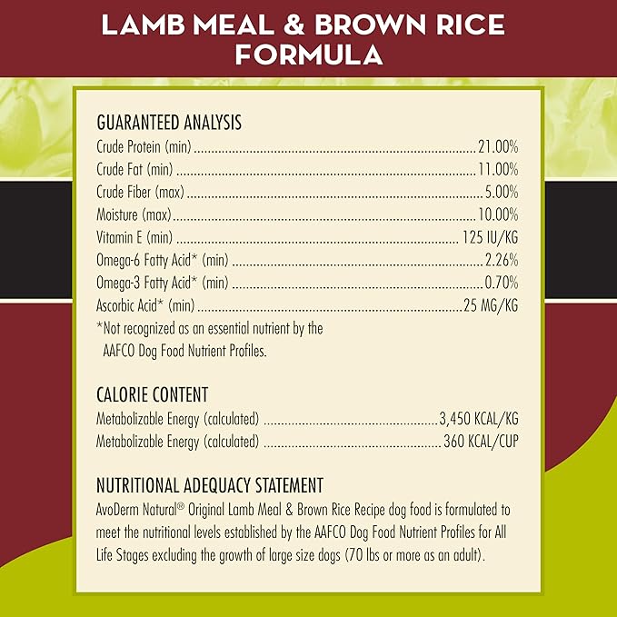 AvoDerm Natural Lamb Meal & Brown Rice Recipe Dry Dog Food, For Allergy Support, 26 lb
