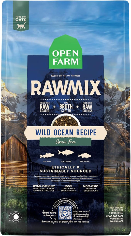Open Farm RawMix Wild-Ocean Recipe for Cats, includes Kibble, Bone Broth, and Freeze Dried Raw, Inspired by The Wild, Humanely Raised Protein and Non-GMO Fruits and Veggies, 8 lb