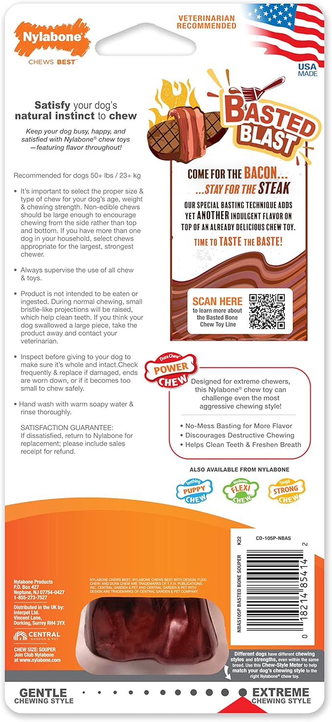 Nylabone Power Chew Basted Blast Dual Flavored Dog Chew Toys for Aggressive Chewers - Durable Dog Bones with 2 Layers of Flavor - Bacon and Steak Flavor, X-Large/Souper (1 Count)