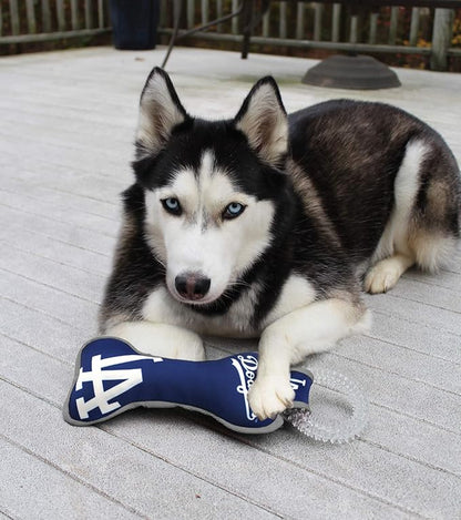 MLB Los Angeles Dodgers Bone Shaped DENTAL DOG TUG TOY with SQUEAKER. TOUGH PET TOY for Healthy Fun, Teething, and Cleaning pet's teeth and gum.
