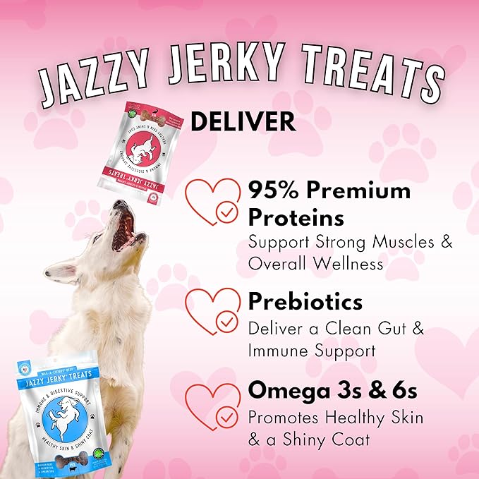 Jazzy Jerky Treats for Dgos, Beef & Salmon 2-PACK, 95% Protein, Prebiotics for Gut & Immune Health, Omega 3s & 6s for Skin & Coat, Made in USA, All ages, (Two 10 oz. bags)