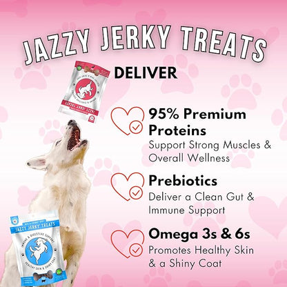 Jazzy Jerky Treats for Dgos, Beef & Salmon 2-PACK, 95% Protein, Prebiotics for Gut & Immune Health, Omega 3s & 6s for Skin & Coat, Made in USA, All ages, (Two 10 oz. bags)