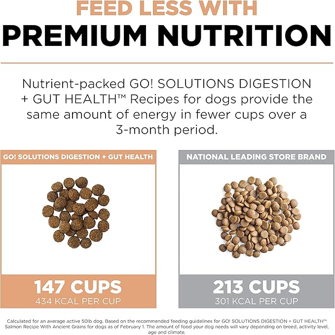 GO! SOLUTIONS Digestion + Gut Health Salmon Recipe with Ancient Grains for Dogs, 3.5 Lb Bag - Dry Food for All Life Stages, Including Puppies, Adult and Senior Dogs