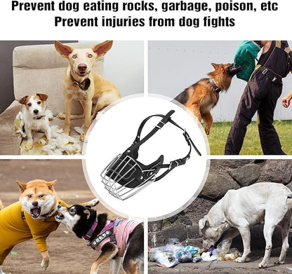 Dog Muzzle, Dog Metal Face Basket, Dog Mouth Breathable Adjustable Leather Leash Suitable for Large Medium-Sized Dogs (L)
