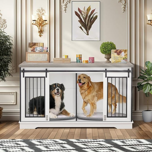 2-in-1 Double Dog Crate Furniture for 2 Dogs 60.6 Inch White Sturdy Double Dog Kennel TV Stand with Divider and Sliding Doors