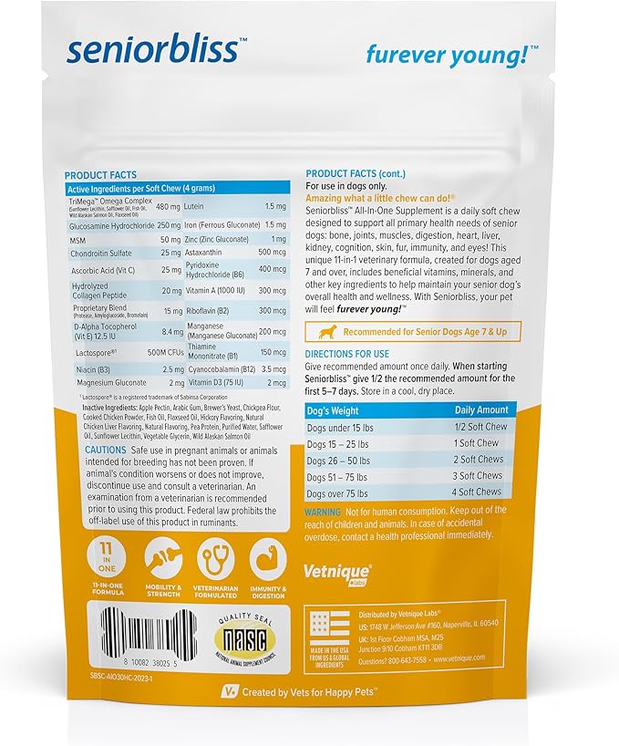 Vetnique Seniorbliss Senior Dog Multivitamin with Glucosamine, Omega 3 Fish Oil, and Probiotics - for Dog Joints, Digestive and Immune Support for Optimal Health (All-in-One Daily Vitamin, 30ct)
