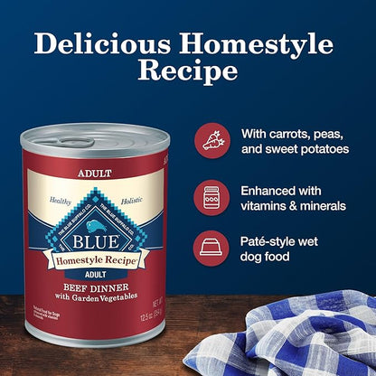 Blue Buffalo Homestyle Recipe Adult Wet Dog Food, Made with Natural Ingredients, Beef Dinner With Garden Vegetables, 12.5-oz. Cans (Pack of 12)
