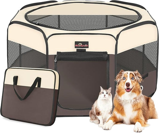 Dog Playpen, Cat Playpen - Foldable Pet Playpen with Carrying Case, Portable Pet Tent for Indoor/Outdoor Use | Water Resistant | Removable Shade Cover - (Brown, Large)