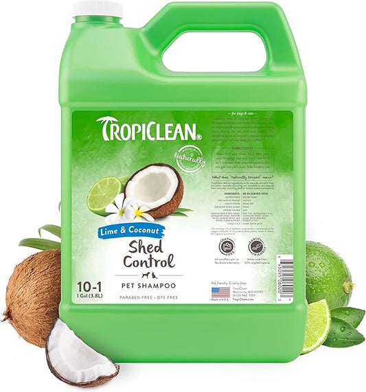 TropiClean Lime & Coconut Deshedding Dog Shampoo for Shedding Control | Natural Pet Shampoo Derived from Natural Ingredients | Cat Friendly | Made in The USA | 1 gal.