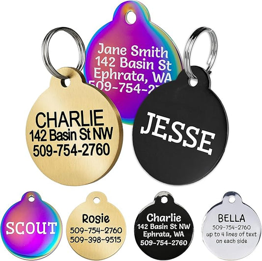GoTags Personalized Dog Tags in Rainbow Steel, Black Steel, Stainless Steel or Solid Brass, Custom Engraved Pet Tags for Dogs and Cats. Front and Back Engraving. Dog ID and Cat ID Tags - (Pack of 1)
