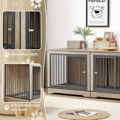 75'' Double Dog Crate Furniture for 2 Large Dogs, Heavy Duty Dog Crate, Furniture Style Dog Crate End Table, Wood Crates for Dogs Kennel Indoor, Decorative Dog Crate with Double Door, Grey