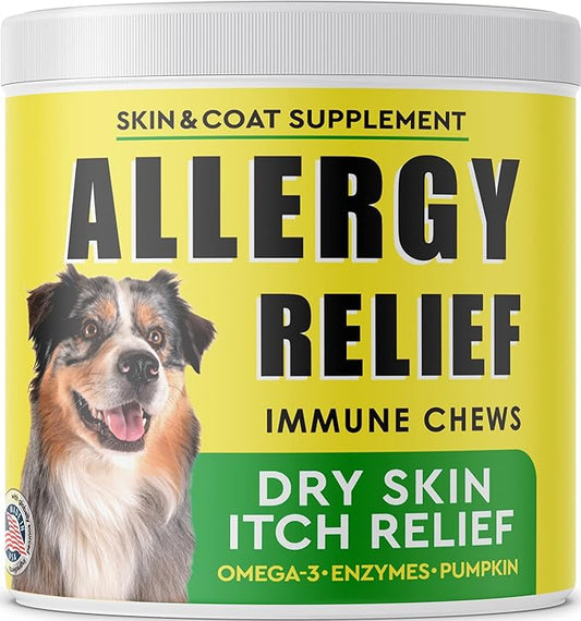 Allergy Relief Dog Chews w/Omega 3 - Itchy Skin Relief - Seasonal Allergies - Pumpkin + Enzymes - Anti-Itch & Hot Spots Aid - Made in USA Immune Supplement - 120 Immune Treats