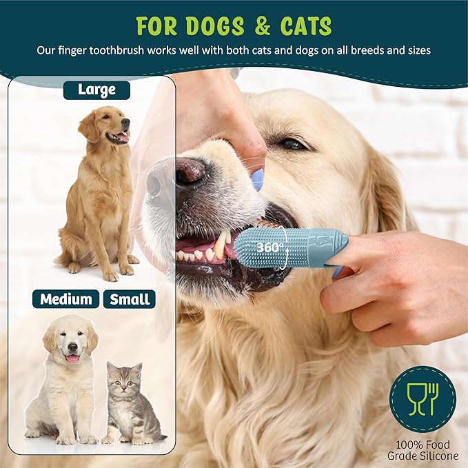360º Dog Finger Toothbrush, Cat Toothbrush, Dog Tooth Brushing Kit, Dog Teeth Cleaning Kit, Dog Dental Care, for Use with Dog Toothpaste and Cat Toothpaste (2-Pack) (Blue)