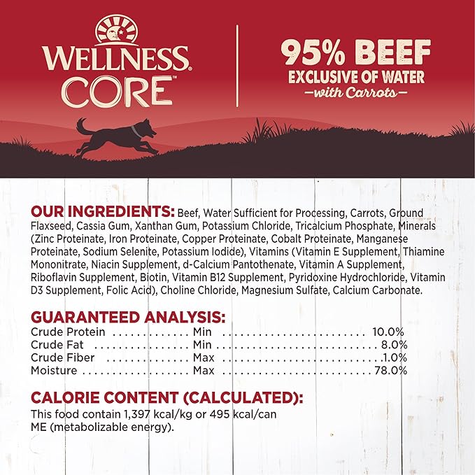 Wellness CORE 95% Natural Wet Grain Free Canned Dog Food, Beef & Carrots,12.5-Ounce Can (Pack of 12)