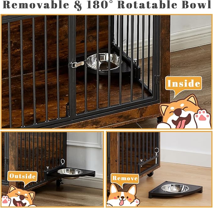 39 Inch Large Wooden Dog Crate Furniture with 180° Rotatable Bowl, Brown Multi-Functional Dog Crate End Table with Wheels, Furniture Dog Crate for Large Dogs with Flip-up Top Opening
