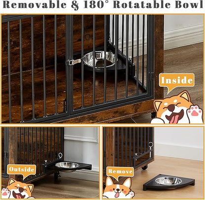 39 Inch Large Wooden Dog Crate Furniture with 180° Rotatable Bowl, Brown Multi-Functional Dog Crate End Table with Wheels, Furniture Dog Crate for Large Dogs with Flip-up Top Opening