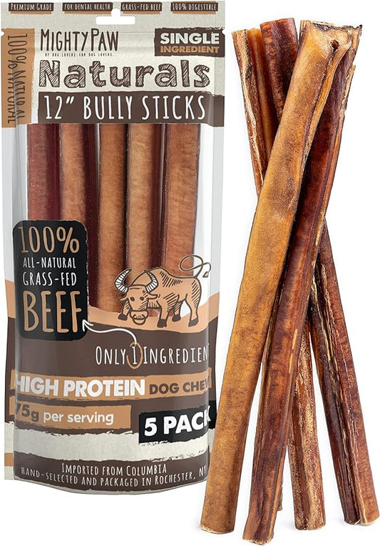 Mighty Paw Naturals Bully Sticks for Dogs - Grass Fed Beef Dog Chews. Dog Bully Sticks for Large Dogs, Medium and Small Breeds. Lower Odor Bully Sticks for Small Dogs. Single Ingredient (12" - 5 Pack)