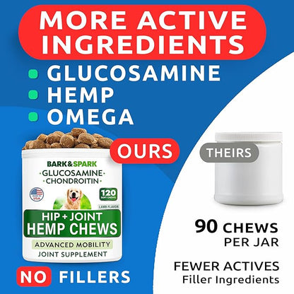 BARK&SPARK Hemp Treats + Glucosamine - Natural Joint Pain Relief - Hip & Joint Supplement w/MSM + Chondroitin + Hemp Oil + Omega 3 - Joint Pain Relief - Made in USA - Lamb Flavor - 240 Chews