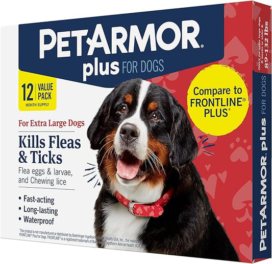 PetArmor Plus Flea and Tick Prevention for Dogs, Dog Flea and Tick Treatment, 12 Doses, Waterproof Topical, Fast Acting, X-Large Dogs (89-132 lbs)
