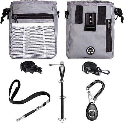4-in-1 Dog Training Set, Puppy Training Treats- Dog Treat Training Pouch, Bark Control Whistle, Dog Doorbells, Dog Clicker, Ideal Gift for First Time Pet Owners, Training Dog Owners (Gray)