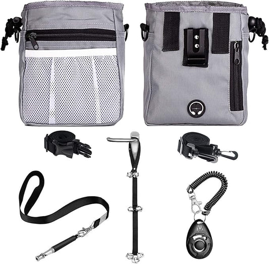 4-in-1 Dog Training Set, Puppy Training Treats- Dog Treat Training Pouch, Bark Control Whistle, Dog Doorbells, Dog Clicker, Ideal Gift for First Time Pet Owners, Training Dog Owners (Gray)