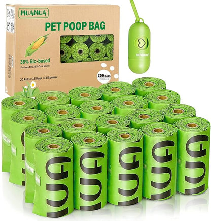 Biodegradable Dog Poop Bags 300 Count, 20 Rolls, Recyclable Waste with Dispenser, Large 9 x 13 Inches, Extra Thick, Leak Proof for Dogs and Cats