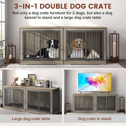 75 Inch Double Dog Crate Furniture for 2 Large Dogs with Trays, 3-in-1 Grey Large Double Dog Kennel TV Stand with Divider