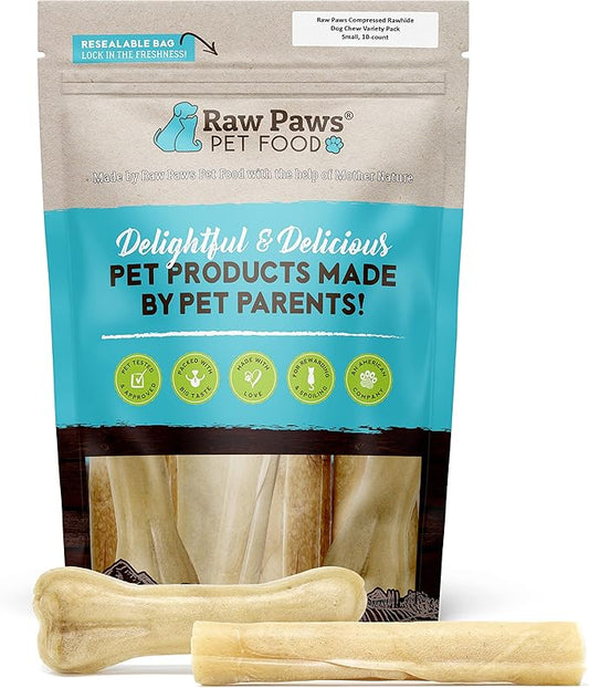 Raw Paws Compressed Rawhide Dog Chew Variety Pack, 10 Pack - 5" Compressed Rawhide Sticks & 4" Bones, Aggressive Chewers Pressed Rawhide Chews Dog Treat Value Pack, Small Dog Deluxe Variety Dog Chews