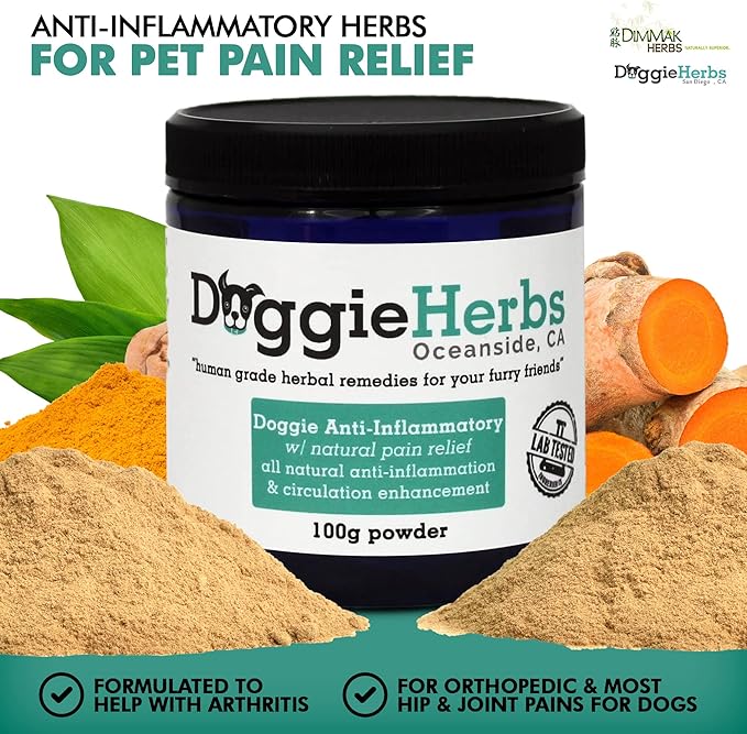 Anti-Inflammatory for Dogs w Turmeric (Curcumin) | Human Grade Dog Pain Relief, Arthritis Supplement – 100g by Doggie Herbs