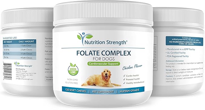 Folate for Dogs to Promote Cardiovascular & Prenatal Health, Support DNA Synthesis & Cell Maintenance, Folic Acid for Dogs with Zinc, Biotin, Iron & Vitamin B12, 120 Soft Chews