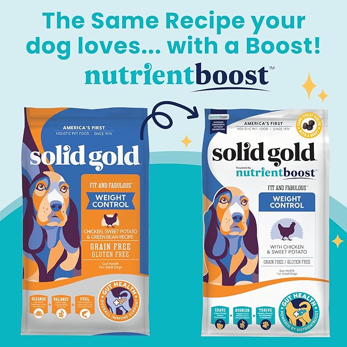 Solid Gold Nutrientboost Fit and Fabulous Dog Food - Dry Dog Food for Weight Control - Digestive Probiotics for Dogs - Grain & Gluten Free - High Fiber & Low Fat - Superfoods & Antioxidants - 22 LB