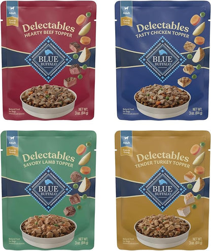 Blue Buffalo Delectables Natural Wet Dog Food Topper Variety Pack, Tasty Chicken, Hearty Beef, Tender Turkey, & Savory Lamb Dinner 3-oz (24 Pack- 6 of Each Flavor)
