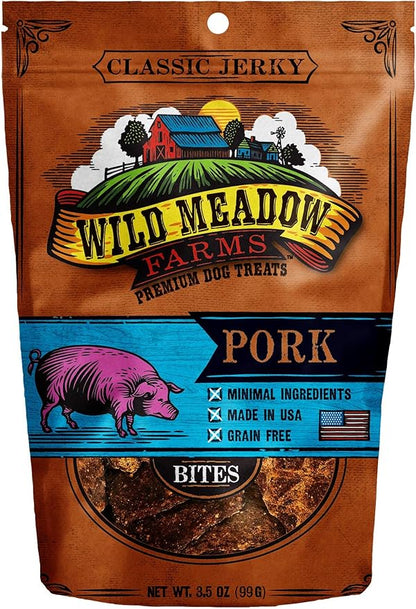 Wild Meadow Farms - Classic Pork Bites, Soft Jerky Treats for Dogs, Grain-Free & All-Natural, Ideal for Training, Portioning, and High-Value Rewards for All Breeds & Ages - 3.5 Ounce Pouch